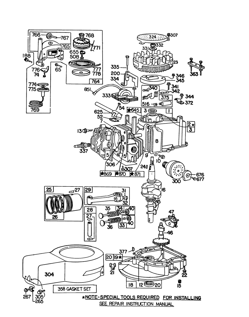 Engine Briggs & Stratton Model 92508-1000-01 For 19" Hand Propelled Model 16067 Diagram and Parts List for 16155 9000001 - 9999999 Toro Lawn Mower
