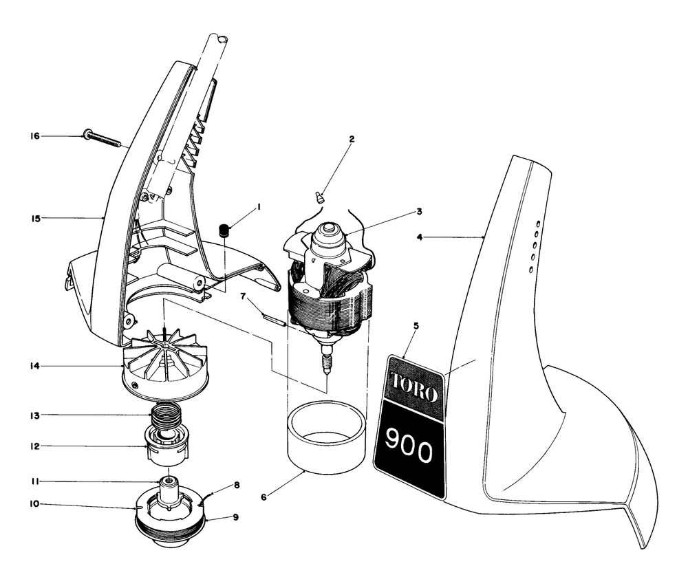 Motor And Housing Assembly Diagram and Parts List for 51216 1000001 - 1999999 Toro Trimmer