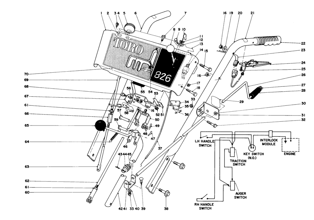 Handle Assembly Diagram and Parts List for 38155 3000001 - 3999999 Toro Snow Blower