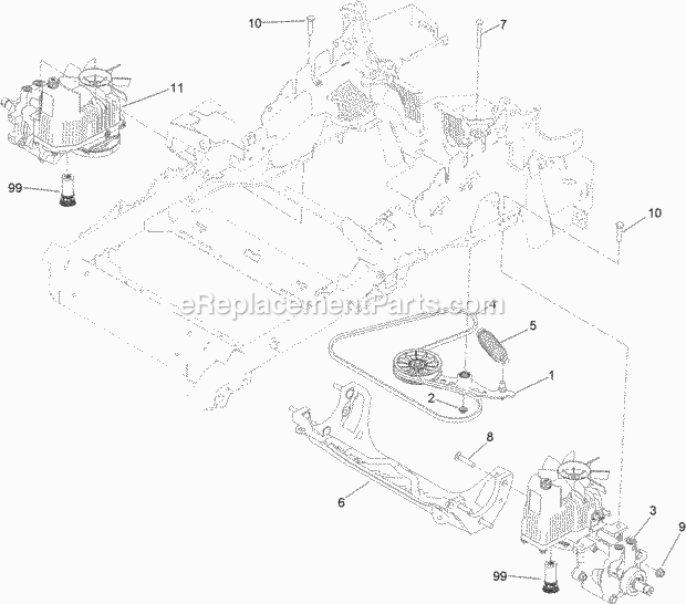 Hydraulic Pump, Idler And Belt Assembly Diagram and Parts List for 74979 313000001-313999999 Toro Lawn Mower