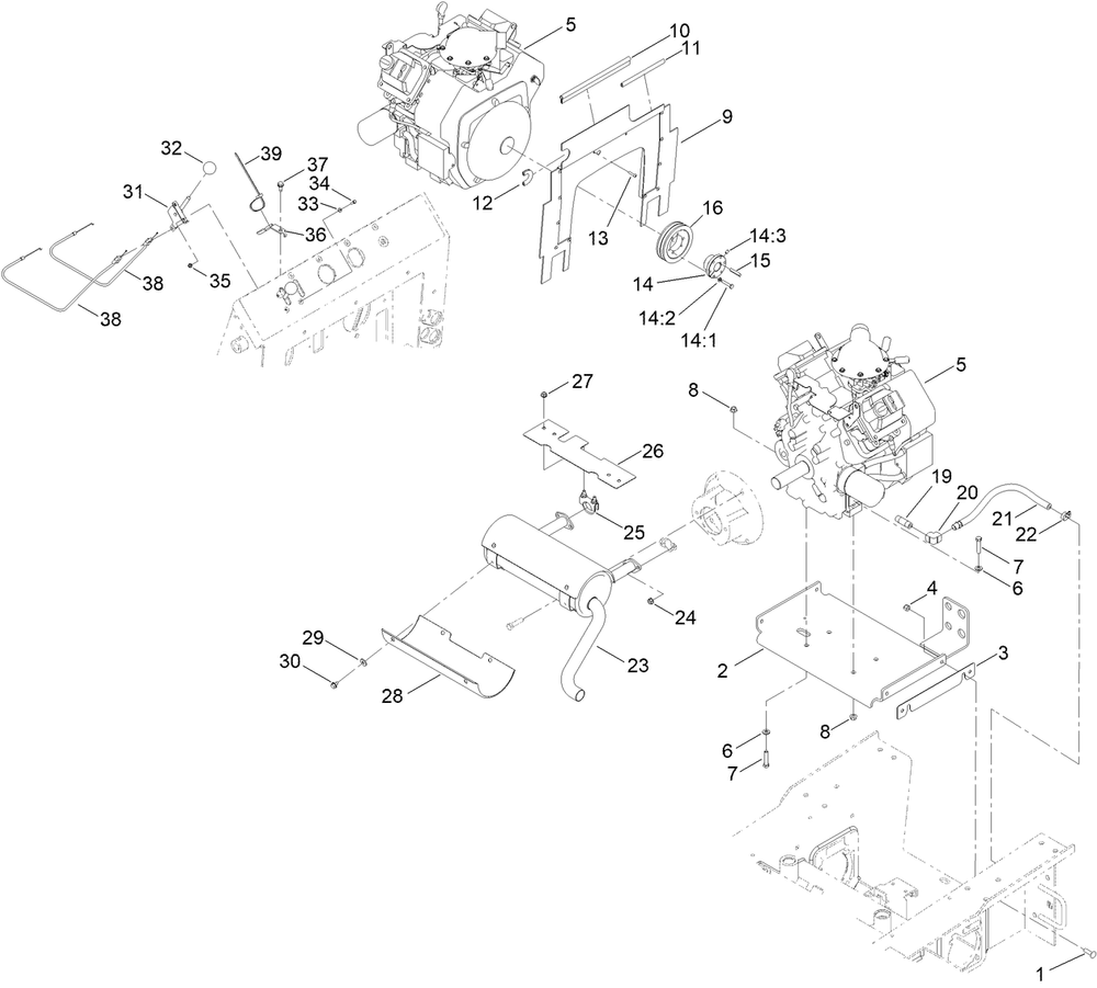 Engine, Exhaust And Control Lever Assembly Diagram and Parts List for 22321 407960000 - 409799999 Toro Lawn Tractor Accessories