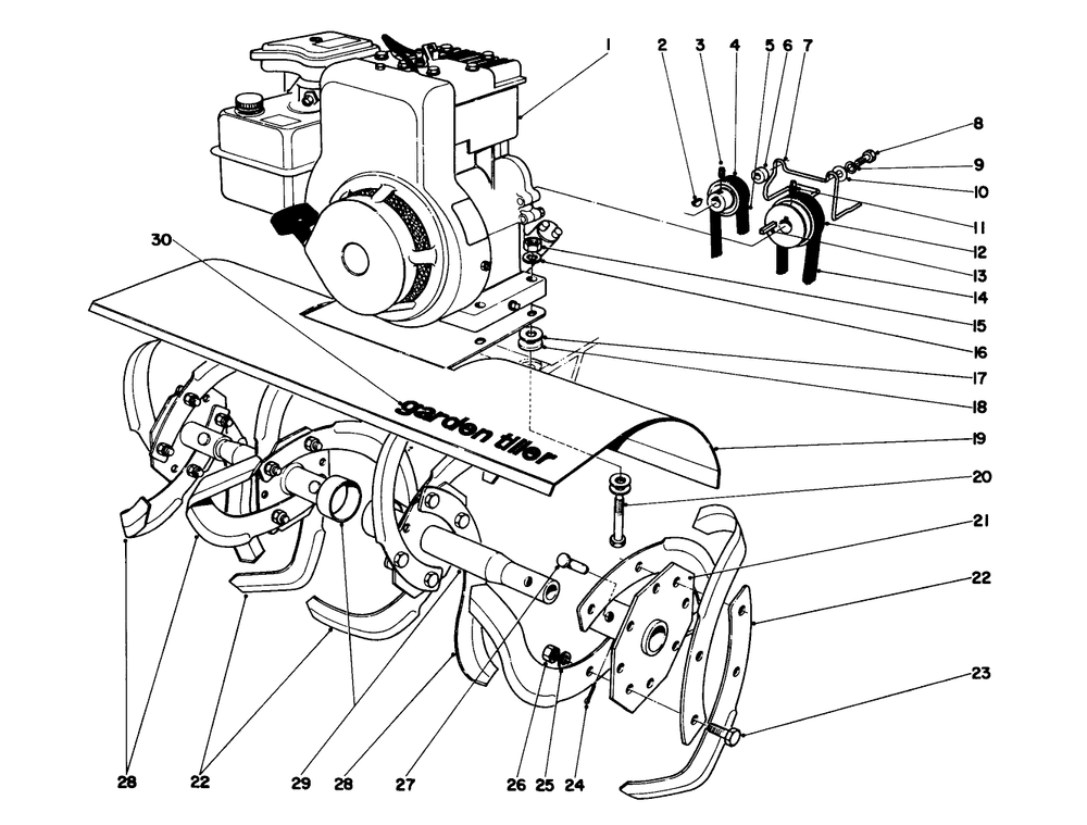 Tine And Engine Assembly (Model 58220) Diagram and Parts List for 58220 4000001 - 4999999 Toro Tiller
