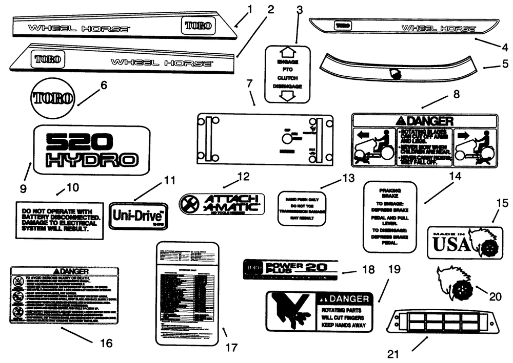 Decals Diagram and Parts List for 73501 59002869 - 59002946 Toro Lawn Tractor