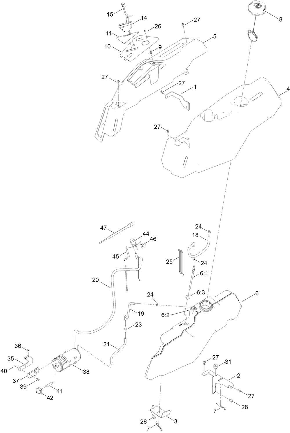 Body Styling And Fuel Pod Assembly Diagram and Parts List for 75743 409330000 - 410199999 Toro Lawn Tractor