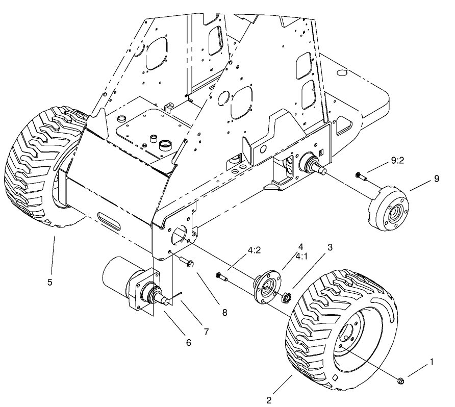 Wheel And Motor Assembly Diagram and Parts List for 22303TE 990001 - 999999 Toro Lawn Tractor Accessories