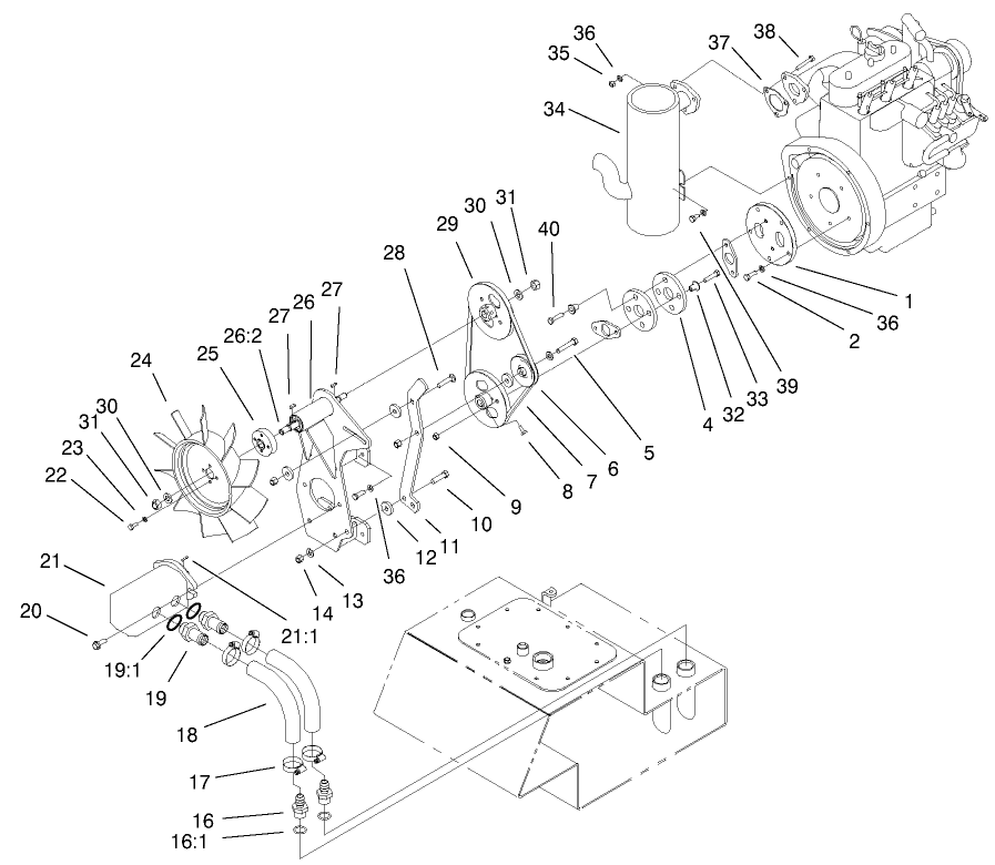 Pump And Fan Mount Assembly Diagram and Parts List for 22303TE 990001 - 999999 Toro Lawn Tractor Accessories