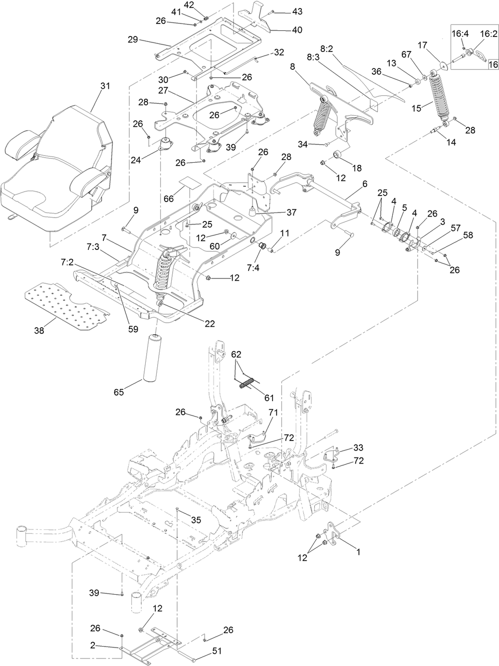 Suspension Platform Assembly Diagram and Parts List for 75969TE 402080000-403099999 Toro Lawn Mower