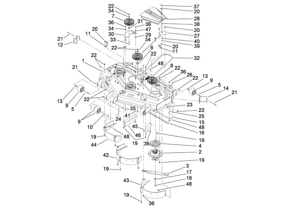 Deck Assembly Diagram and Parts List for 74279TE (280000001-280999999)(2008) Toro Lawn Tractor