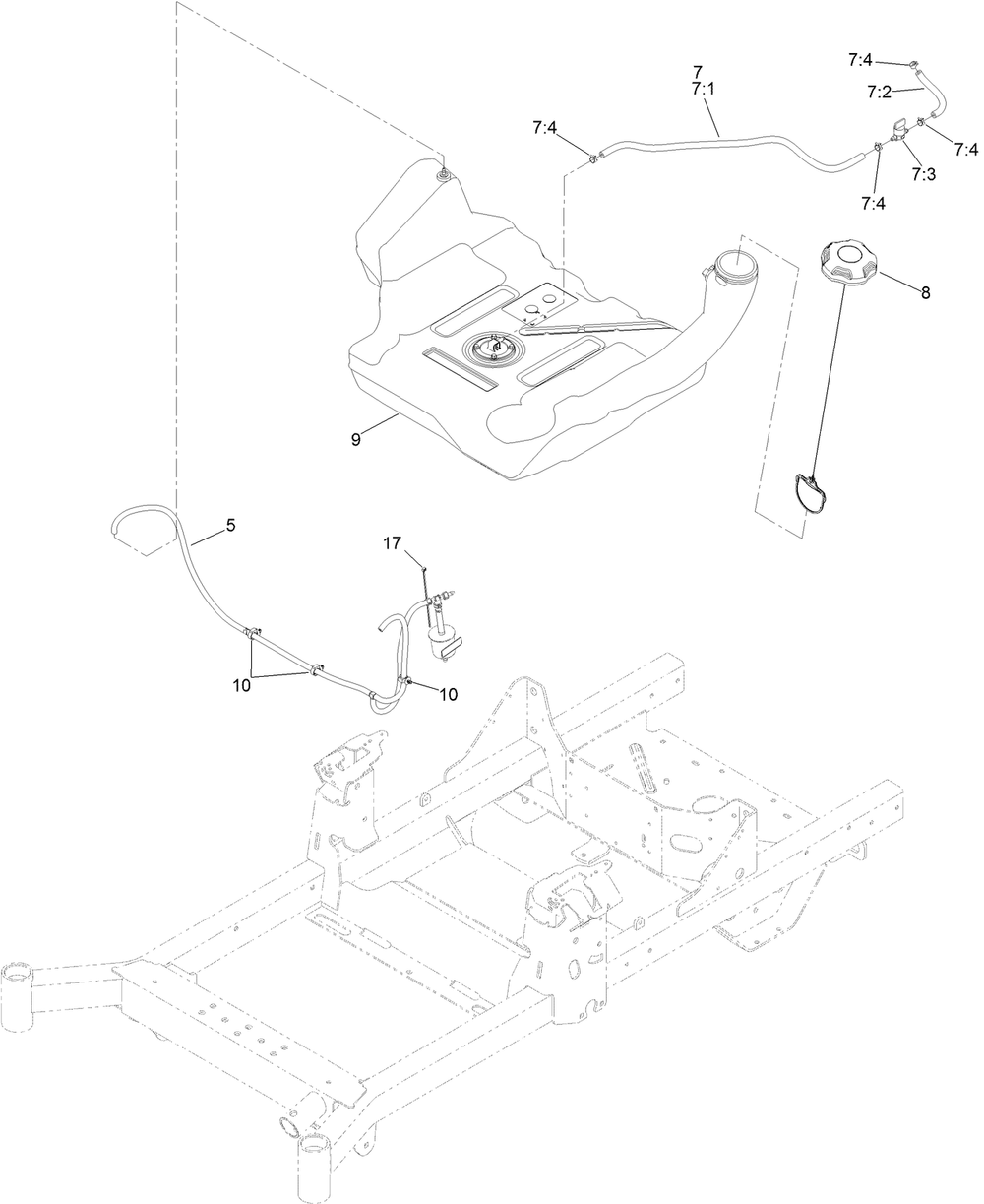 Fuel Tank And Vent Hose Assembly Diagram and Parts List for 74450 400000000-402099999 Toro Lawn Tractor