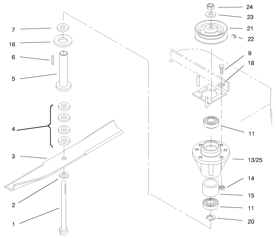Spindles And Blades Diagram and Parts List for 30193 990001 - 990250 Toro Lawn Mower