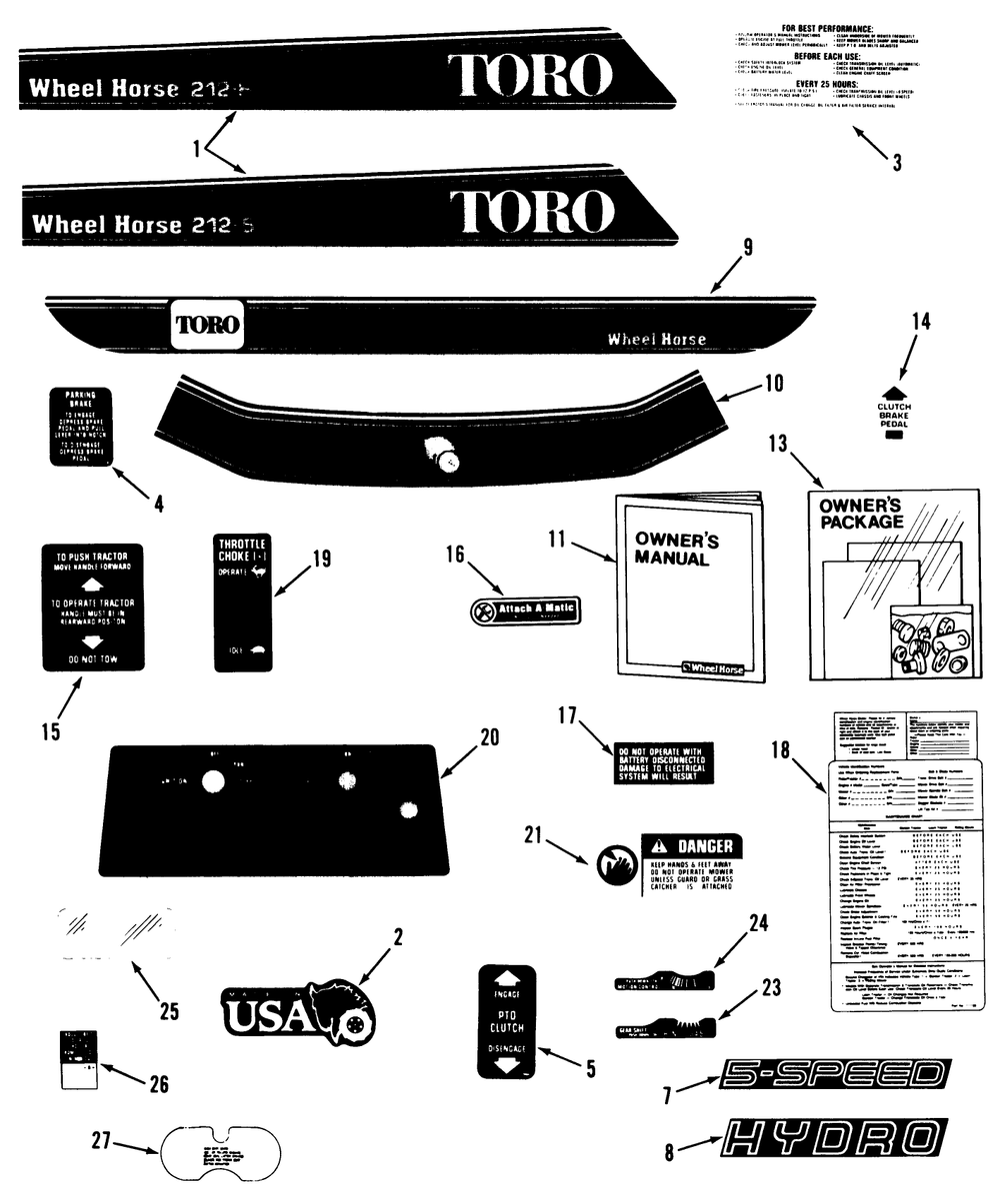 Decal & Miscellaneous Parts Assembly Diagram and Parts List for A2-12KE02 1000001 - 1999999 Toro Lawn Tractor