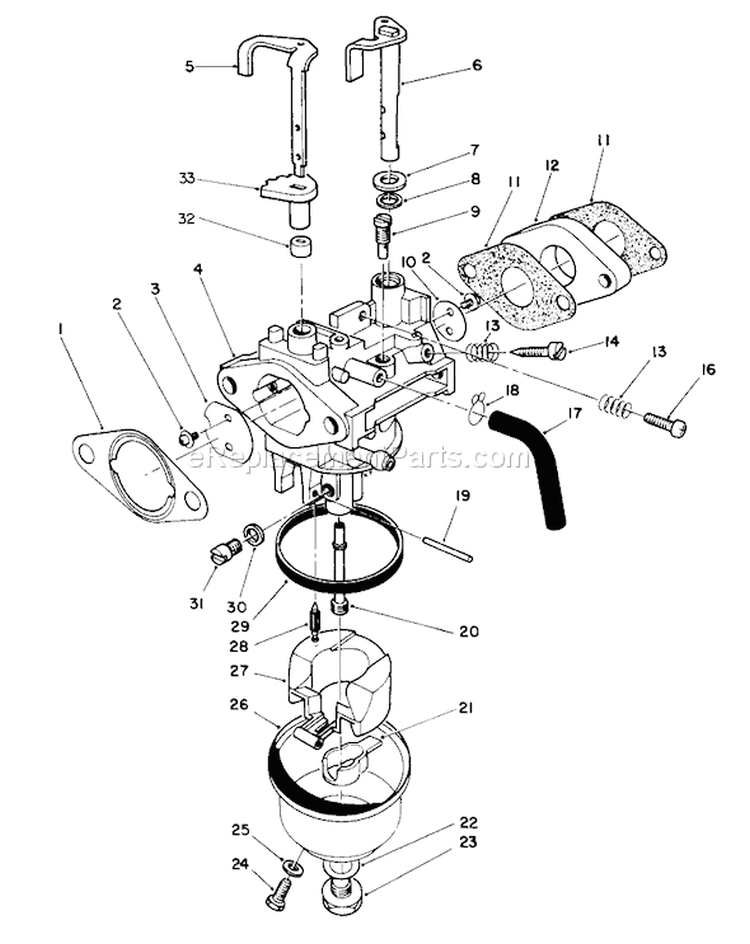 Carburetor Assembly Diagram and Parts List for 26620B 1000001-1999999 - 1991 Toro Lawn Mower