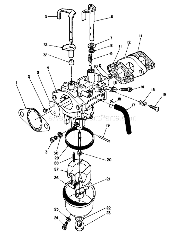 Carburetor Assembly Diagram and Parts List for 26620B 3900001-3999999 - 1993 Toro Lawn Mower