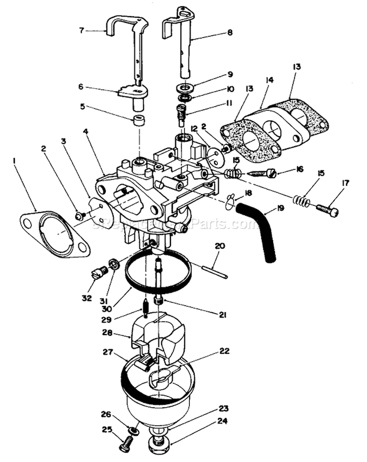Carburetor Assembly Diagram and Parts List for 26621B 1000001-1999999 - 1991 Toro Lawn Mower