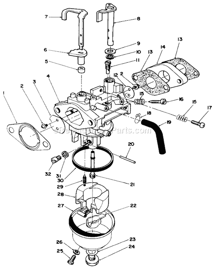 Carburetor Assembly Diagram and Parts List for 26621 0000001-0999999 - 1990 Toro Lawn Mower