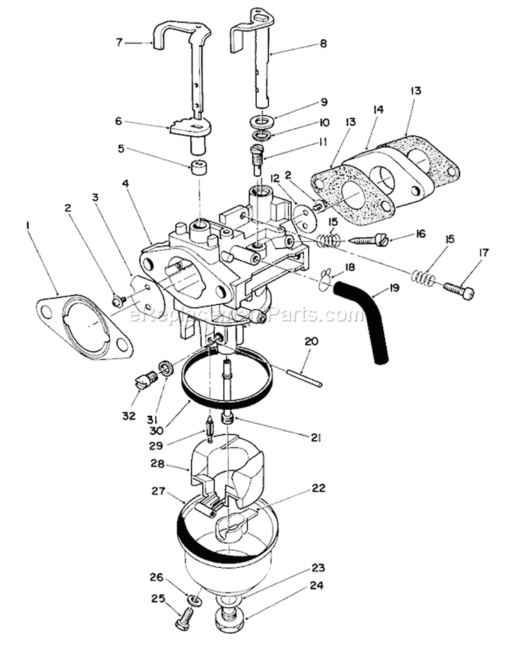 Carburetor Assembly Diagram and Parts List for 26625B 1000001-1999999 - 1991 Toro Lawn Mower