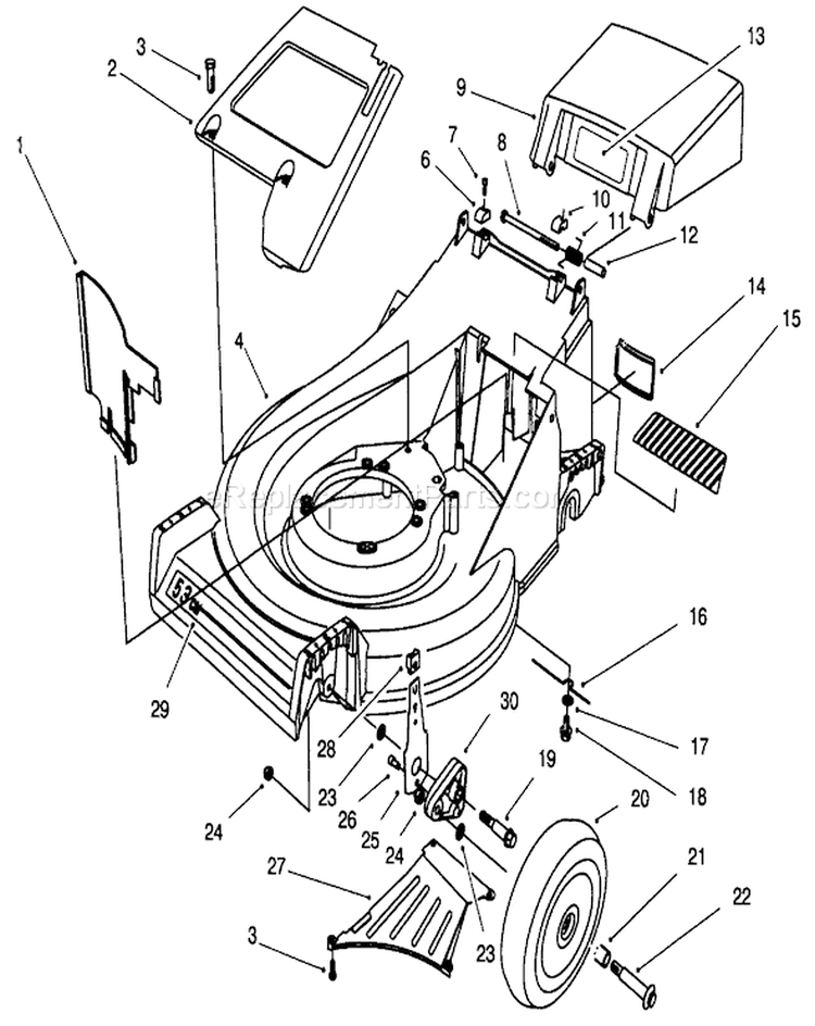 Housing Assembly Diagram and Parts List for 26632B 6900001-6999999 - 1996 Toro Lawn Mower