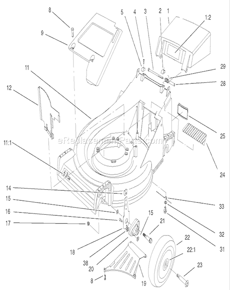 Deck Assembly Diagram and Parts List for 26634 210000001-210999999 - 2001 Toro Lawn Mower