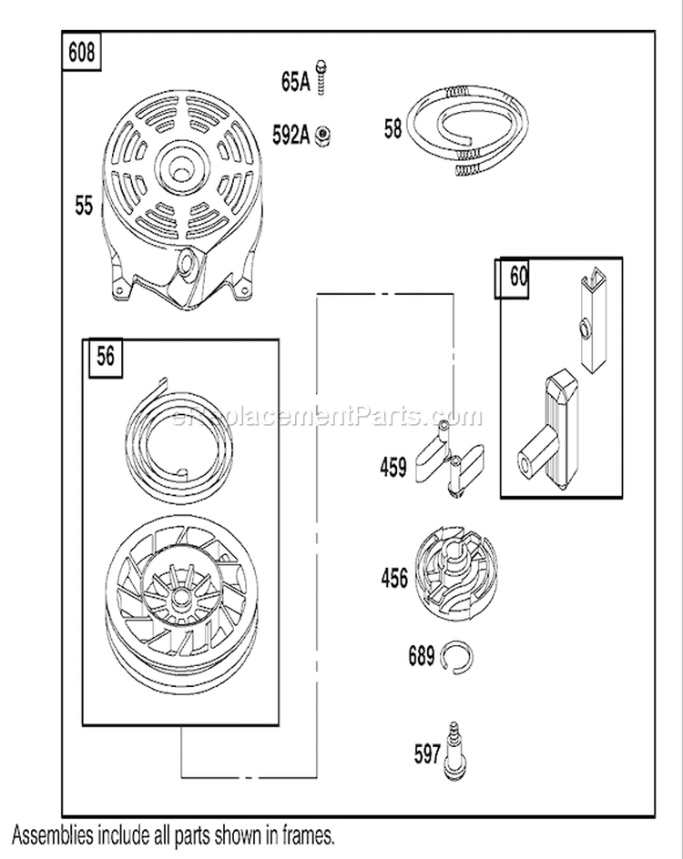 Rewind Starter Assembly Diagram and Parts List for 26634 210000001-210999999 - 2001 Toro Lawn Mower