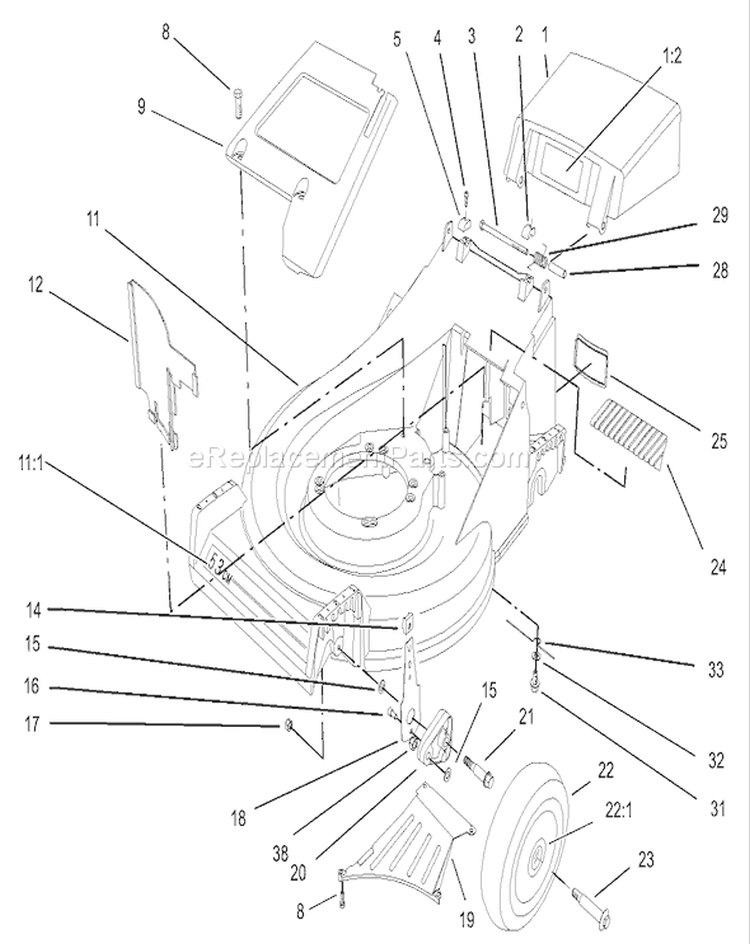 Deck Assembly Diagram and Parts List for 26634 250000001-250999999 - 2005 Toro Lawn Mower