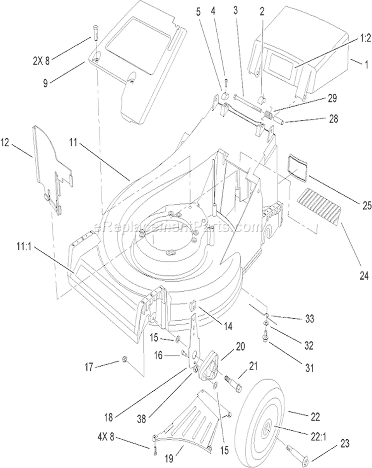 Housing Assembly Diagram and Parts List for 26634 280000001-280999999 - 2008 Toro Lawn Mower