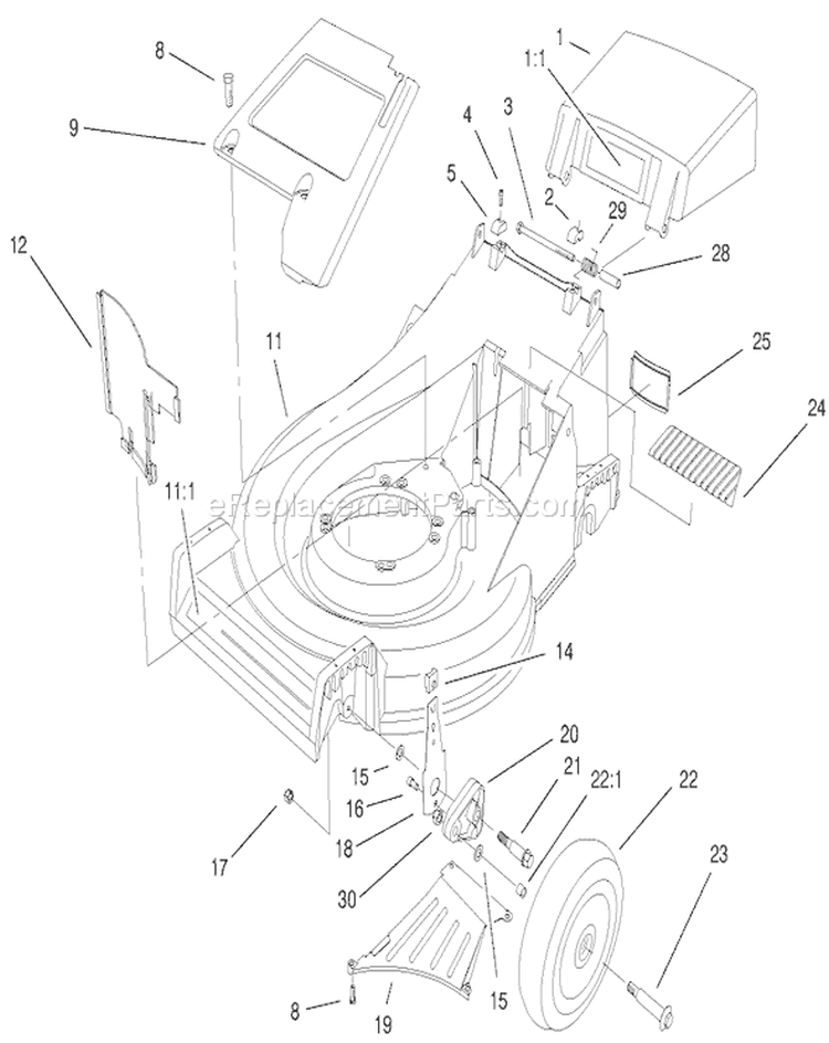 Housing Assembly Diagram and Parts List for 26638 210000001-210999999 - 2001 Toro Lawn Mower