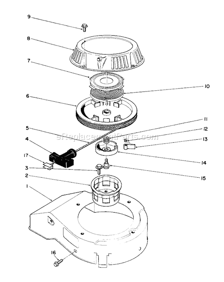 Recoil Assembly Diagram and Parts List for 26683 2000001-2999999 - 1992 Toro Lawn Mower