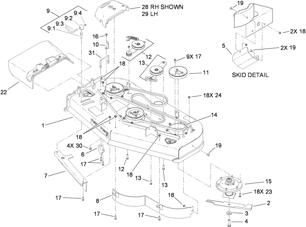 Deck Assembly 1 Diagram and Parts List for 74558 (290003001-290999999)(2009) Toro Lawn Mower