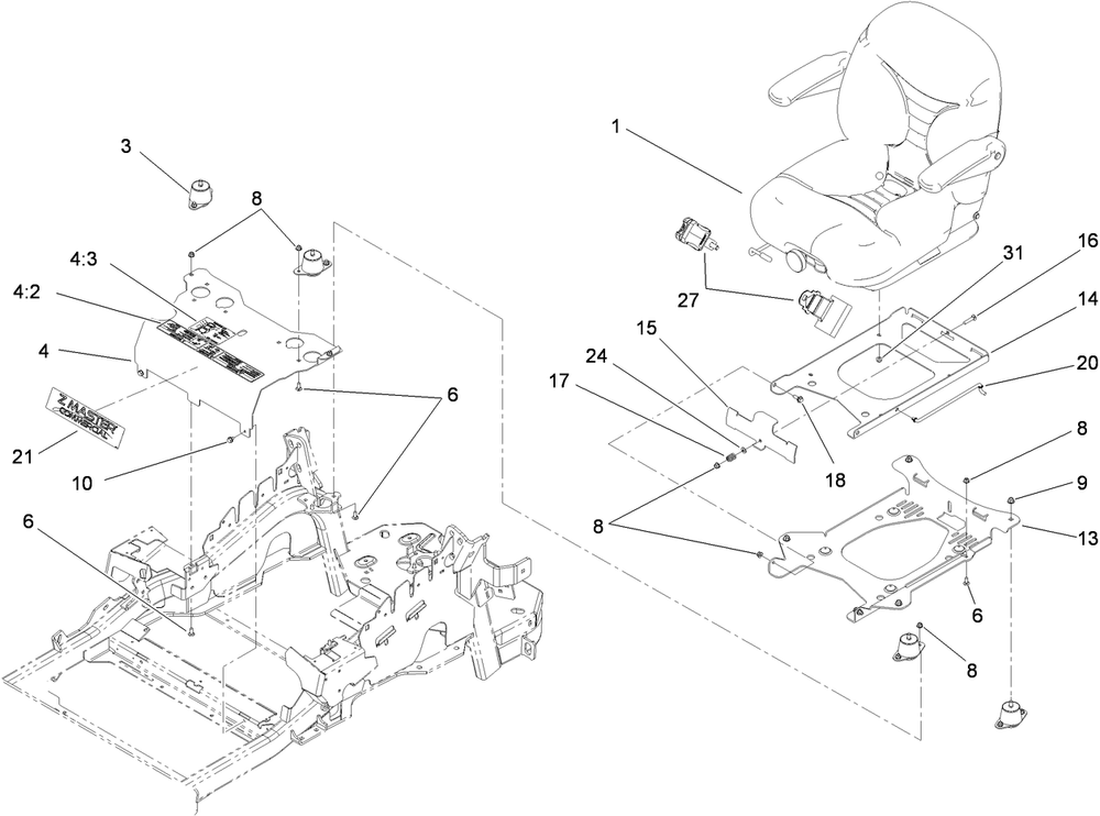 Seat Mounting Assembly Diagram and Parts List for 74965CP (310000001-310999999)(2010) Toro Lawn Mower
