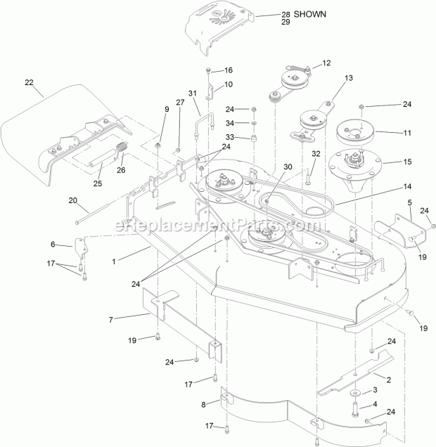 Deck Assembly Diagram and Parts List for 74588 314000001-314999999 Toro Lawn Mower