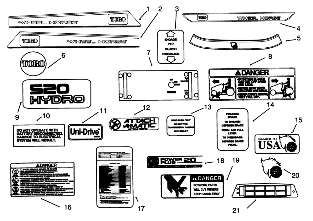 Decals Diagram and Parts List for 73501 59000001 - 59000411 Toro Lawn Tractor