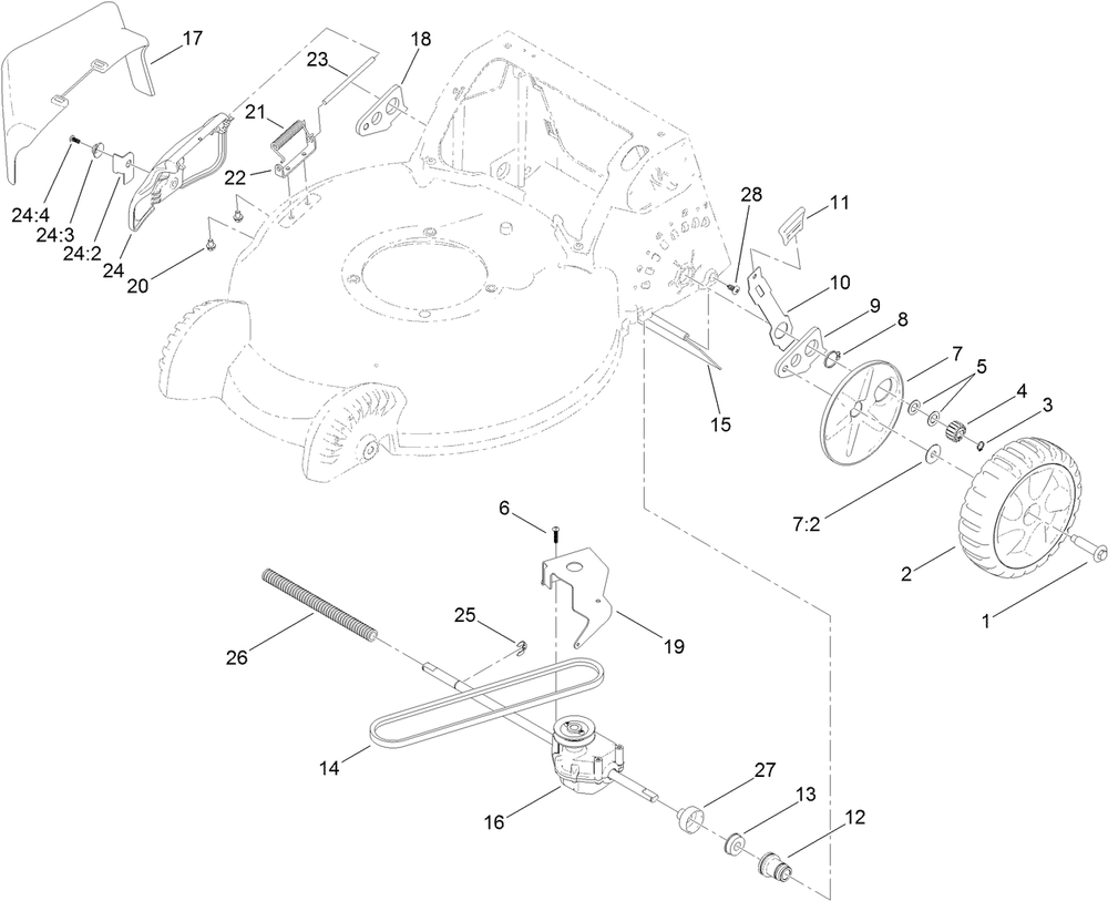 Side Discharge, Transmission And Rear Wheel Assembly Diagram and Parts List for 20897 316000001 - 316999999 Toro Lawn Mower