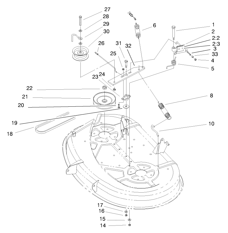 Deck Pulley & Belt Assembly Diagram and Parts List for 71205 6900001 - 6999999 Toro Lawn Tractor