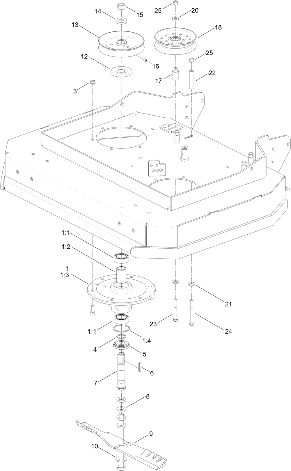 Sheave, Spindle And Blade Assembly Diagram and Parts List for 2711 316000001 - 316999999 Toro Lawn Tractor Accessories