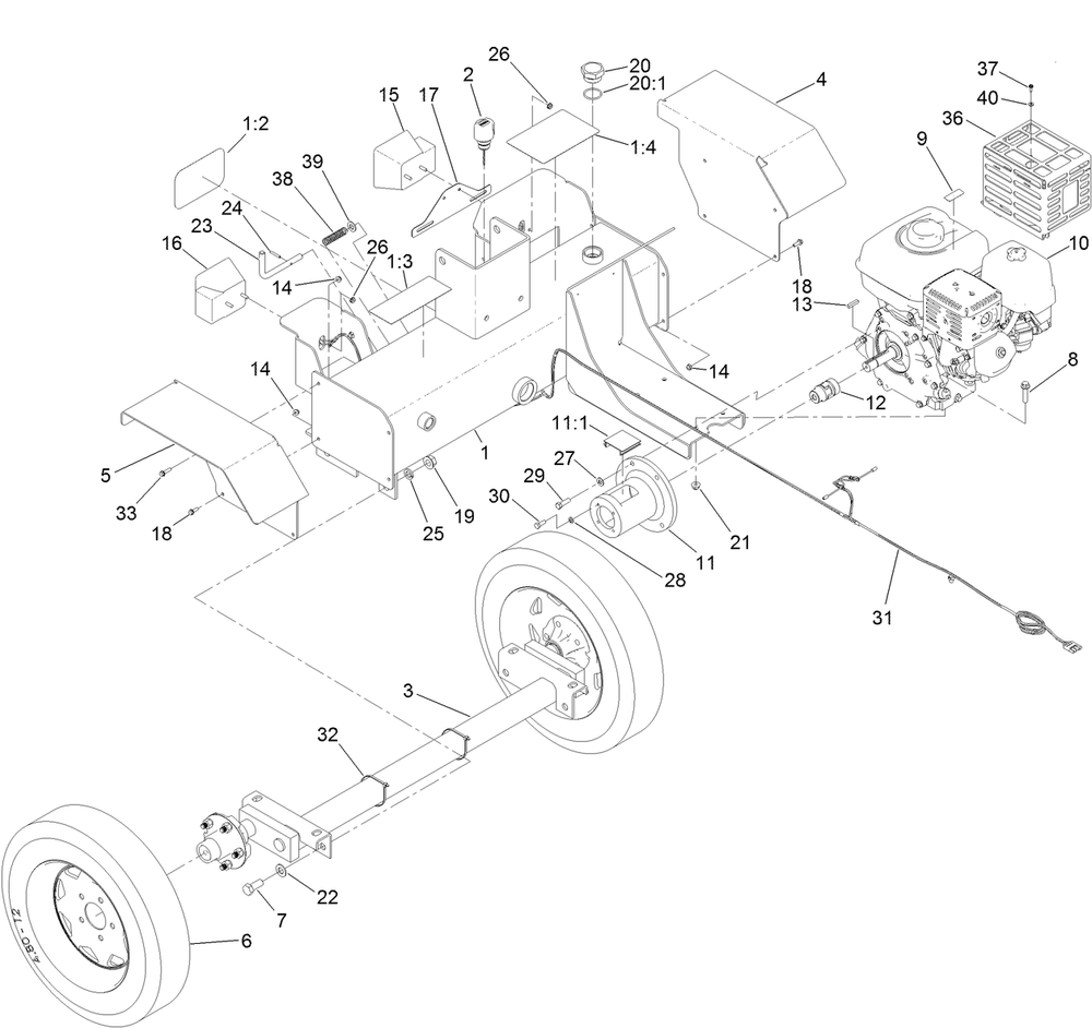 Engine, Axle And Hydraulic Tank Assembly Diagram and Parts List for 22618HD 402000000-404319999 Toro Log Splitter
