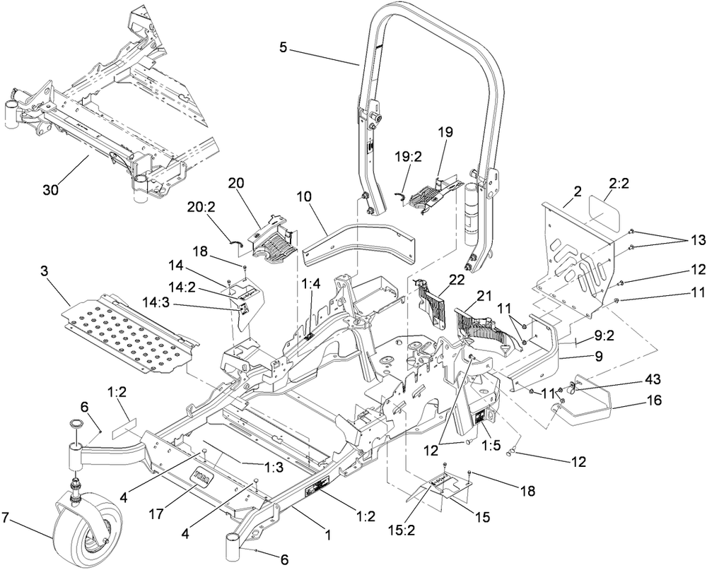 Front Frame, Caster Wheel And Z Stand Assembly Diagram and Parts List for 74965CP (290000001-290999999)(2009) Toro Lawn Mower