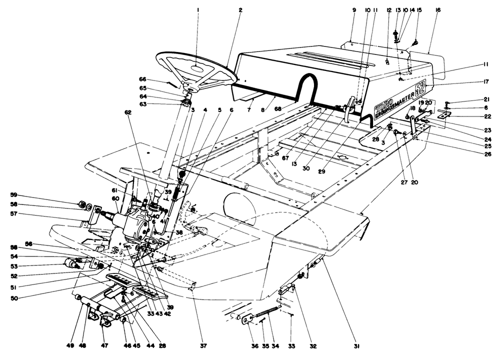 Pedals, Hood And Steering Wheel Assembly Diagram and Parts List for 30760 90001 - 99999 Toro Lawn Tractor