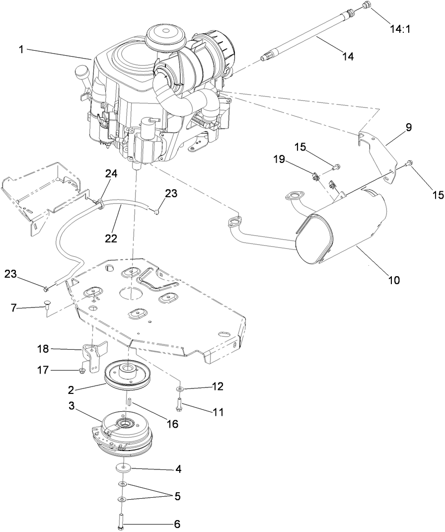 Engine, Clutch And Muffler Assembly Diagram and Parts List for 74923TE (310000001-310999999)(2010) Toro Lawn Mower
