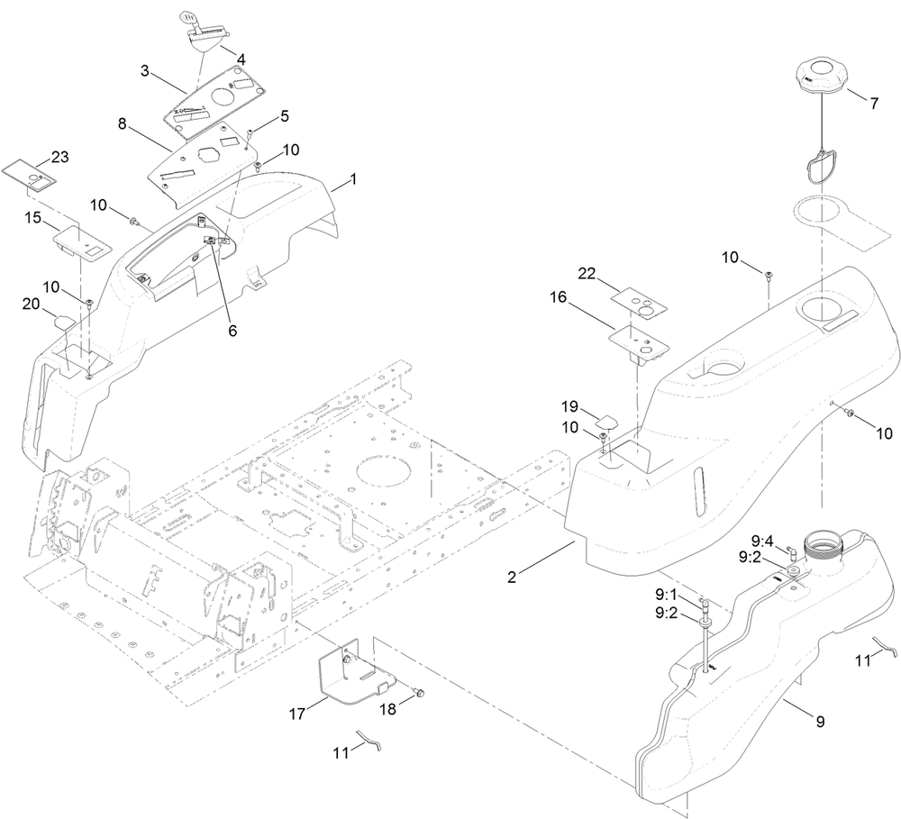 Body Styling And Fuel Tank Assembly Diagram and Parts List for 74781 316000001 - 316999999 Toro Lawn Tractor