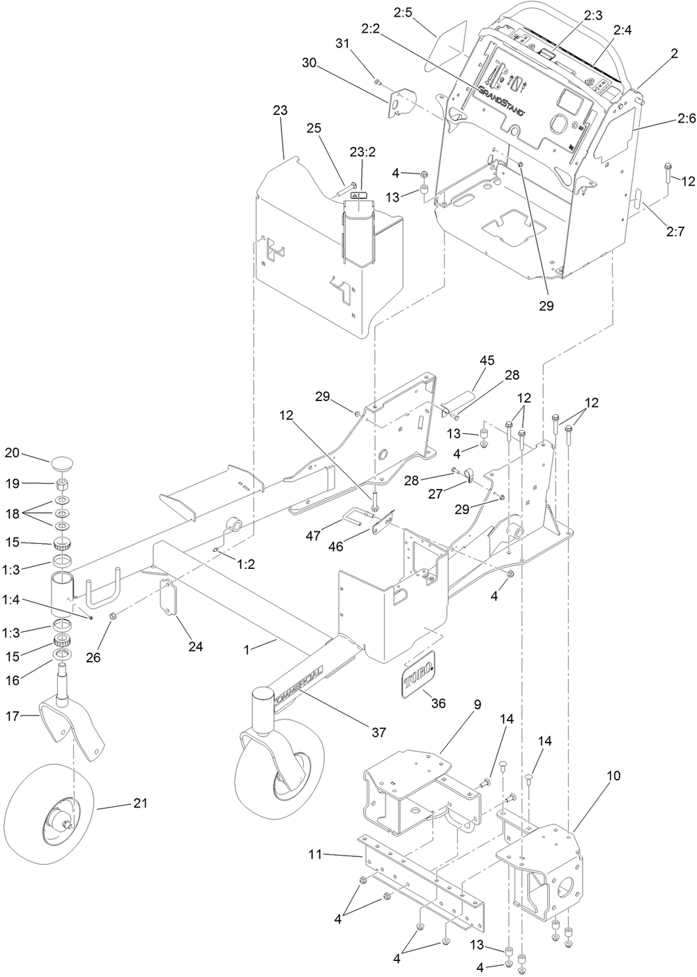Frame Assembly Diagram and Parts List for 74589 (313001001-313999999)(2013) Toro Lawn Mower
