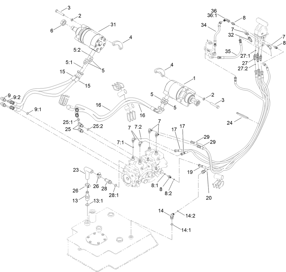 Hydraulic Motor And Hose Assembly Diagram and Parts List for 22328 408963400 - 409588175 Toro Lawn Tractor Accessories