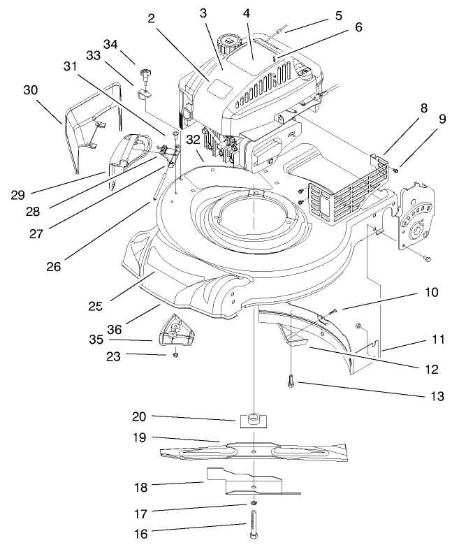 Engine & Blade Assembly Diagram and Parts List for 20010 9900001 - 9999999 Toro Lawn Mower