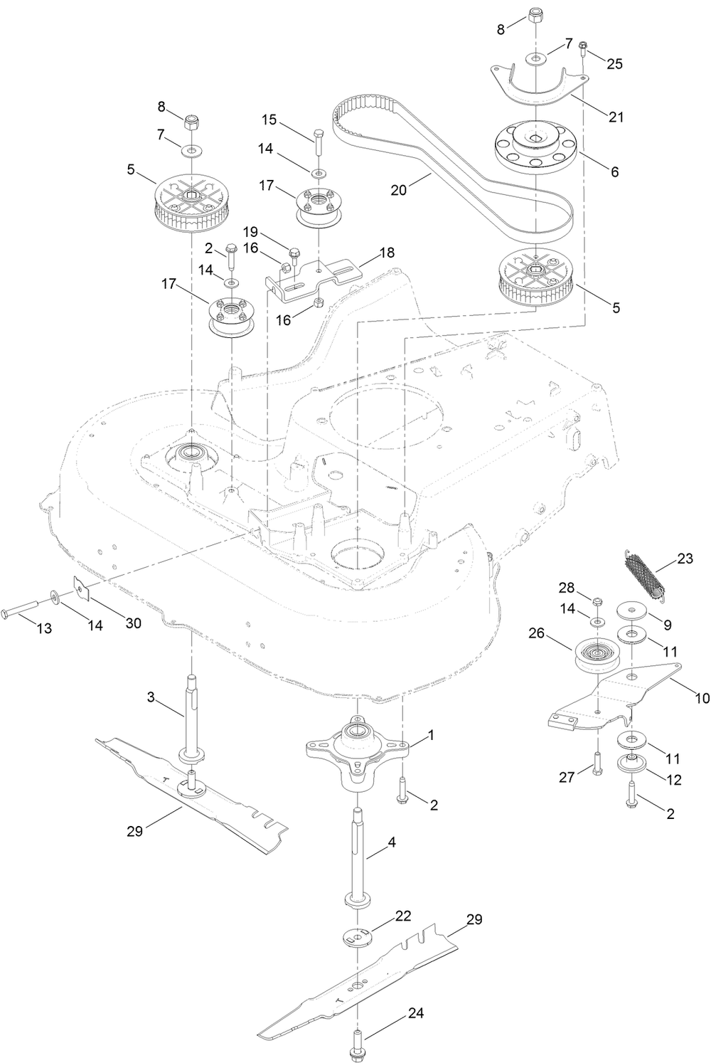 Belt, Spindle And Blade Assembly Diagram and Parts List for 20977 316000001 - 316999999 Toro Lawn Mower