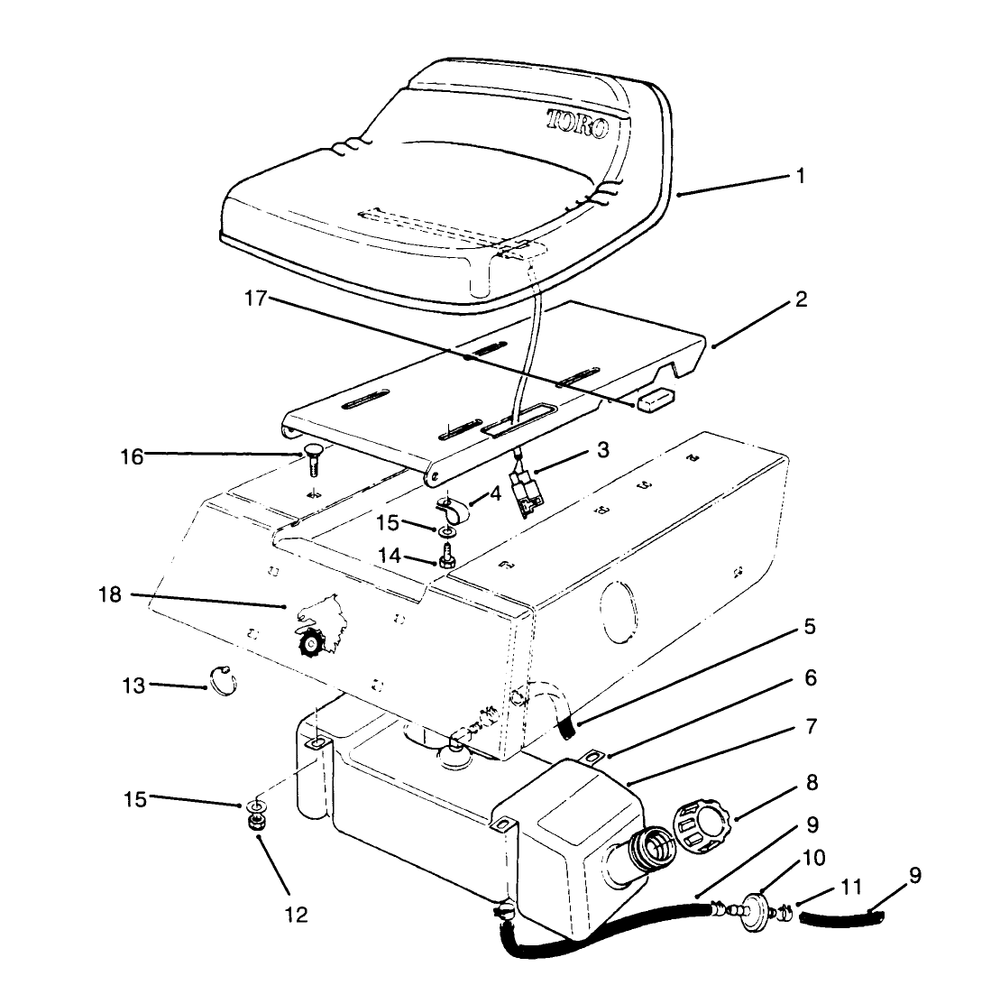 Seat & Gas Tank Assembly Diagram and Parts List for 70040 59000001 - 59999999 Toro Lawn Tractor