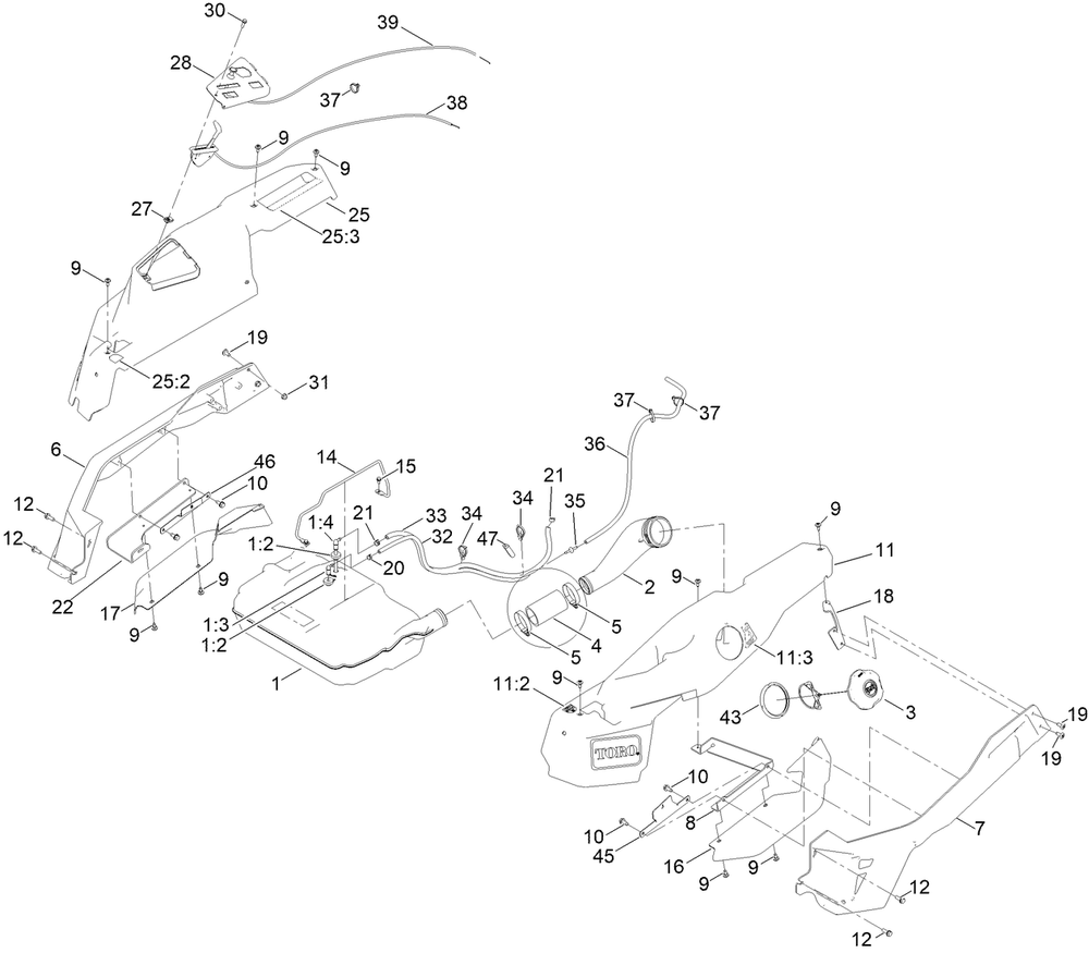 Fuel Pod Assembly Diagram and Parts List for 77507 400000000 - 415499999 Toro Lawn Tractor