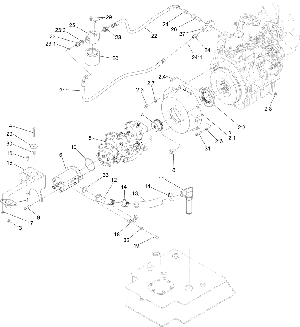 Tandem Pump And Gear Pump Assembly Diagram and Parts List for 22327HD 400414000 - 401899999 Toro Lawn Tractor Accessories