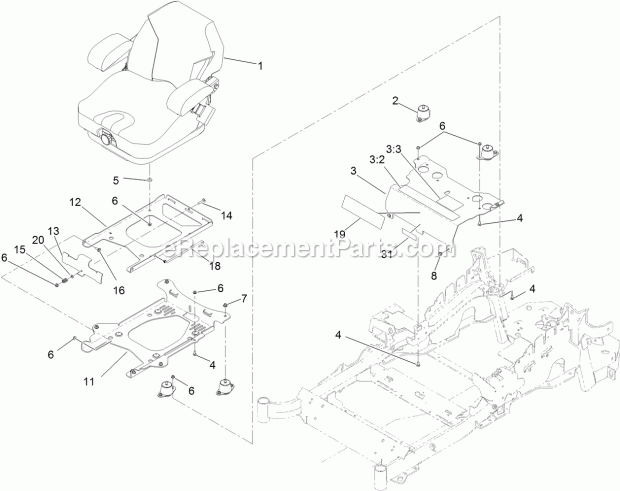 Seat Mount Assembly Diagram and Parts List for 74979 313000001-313999999 Toro Lawn Mower