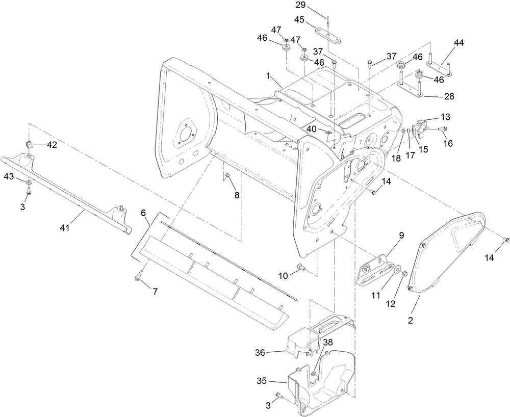 Main Frame Assembly Diagram and Parts List for 38721 409000000 - 411499999 Toro Snow Blower