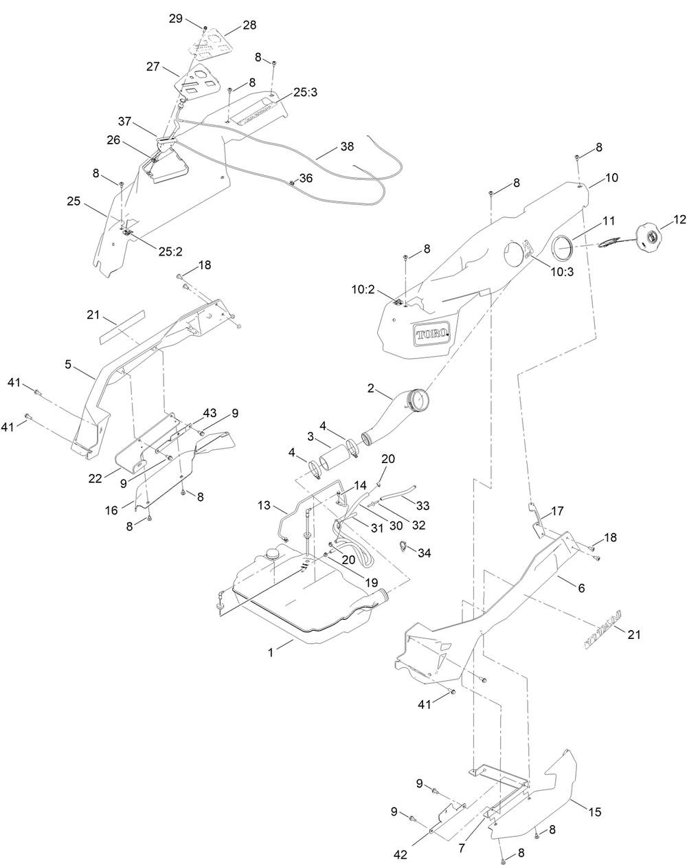 Fuel Pod Assembly Diagram and Parts List for 76511 418000000 - 418311639 Toro Lawn Tractor