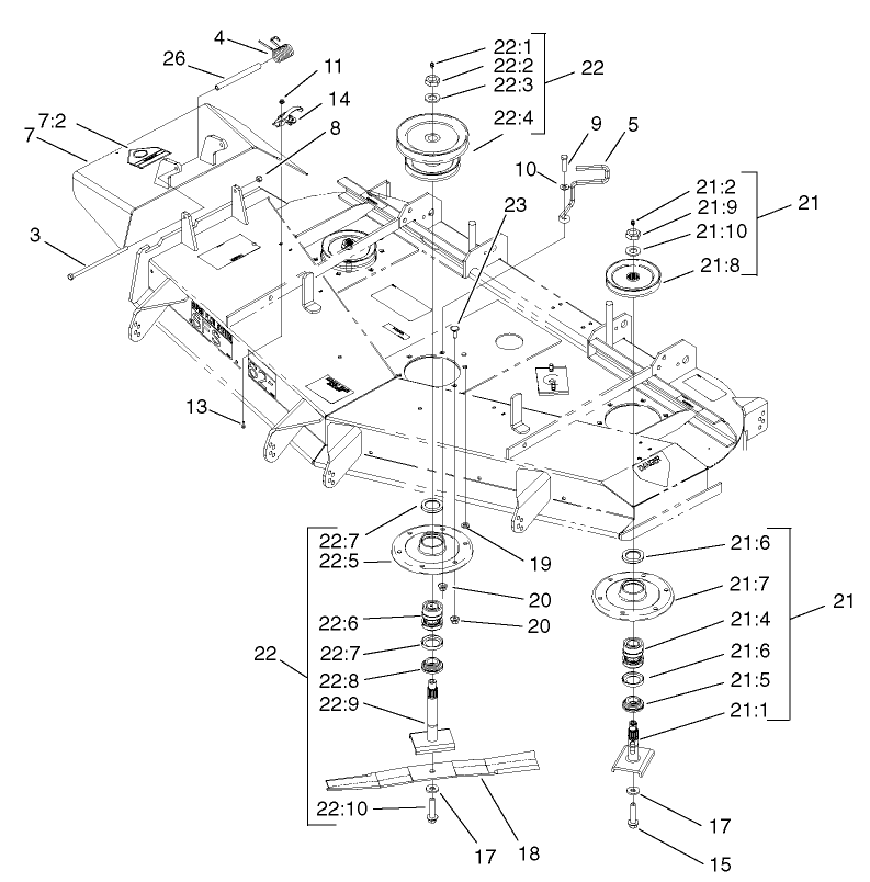 Spindle And Pulley Assembly Diagram and Parts List for 74213 (220000001-220999999)(2002) Toro Lawn Mower